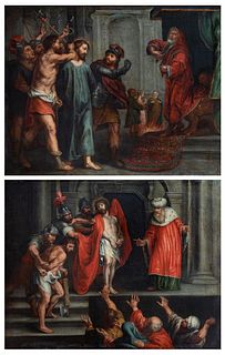Spanish school, 17th century.
"Jesus before Herod" and "Ecce Homo".
Pair of oil paintings on canvas.