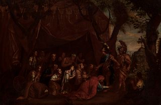 CHARLES LE BRUN´S Circle (Paris, 1619-1690) ; circa 1700.
"The family of Darío with Alejandro".
Oil on canvas. Relined.