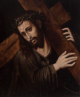 Spanish school; second half of the 16th century.
"Jesus on the way to Calvary."
Oil on panel. Cradled.
It has openings in the table and repaints.