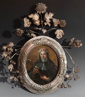 New Spanish school of the 18th century.
"Pectoral of a nun with Santa Rosa de Lima".
Oil on panel.