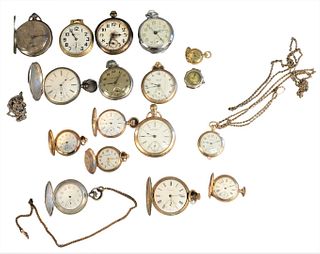 Seventeen Watches and Two Chains, to include pocket watches, lapel watches, one wristwatch, silver, gold plated, etc.