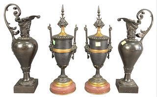 Four Piece Lot, to include a pair of bronze urns mounted on red marble bases, along with a pair of brass vases on square bases, height of each 15 inch