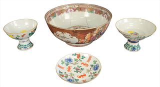 Four Piece Chinese Porcelain Group, to include Chinese Export bowl (as is), pair of Famille Rose compotes, along with a bat dish, 10 3/8 inches diamet