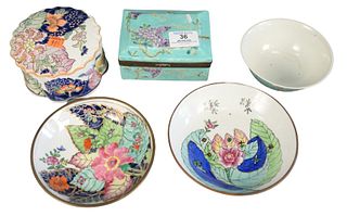 Five Piece Chinese Group, to include two tobacco leaf motif plates, both cased in brass, one trinket box with turquoise glaze and purple grapes, a sma