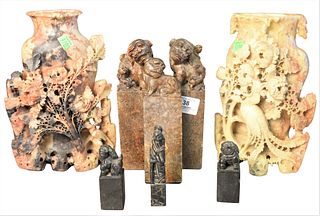Eight Piece Chinese Group, to include two pairs of carved hardstone foo dog bookends, a foo dog figure, a black stone elder with a cane, height 8 inch