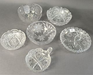 Six Piece Group of Cut Glass and Crystal Bowls, all unmarked, height of tallest 4 1/4 inches, largest in diameter 8 inches.