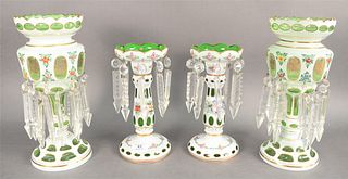 Two Pairs of Overlay Green Glass Lusters, heights 13 and 10 inches.