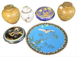 Six Piece Cloisonne Group, to include a turquoise charger having a flying white bird, diameter 14 1/2 inches; a black and yellow bowl having a dragon 