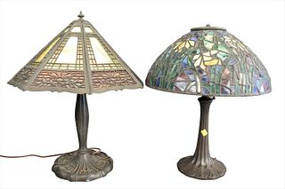 Two Table Lamps, to include leaded glass table lamp with tulip leaded glass shade, along with a slag glass table lamp, tallest overall height 21 3/4 i