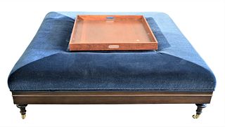 Custom Upholstered Oversized Ottoman, having tray top and sitting on brass casters, possibly Charles Stewart or Jessica Charles, height 17 1/2 inches,