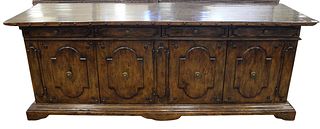Jacobean Style Server, having four drawers over four doors and tack around edge, height 31 inches, top 24" x 84".
