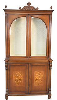 Mahogany Inlaid Cabinet, having beveled glass doors over two doors with inlaid flower panels, height 81 inches, width 41 1/2 inches, diameter 16 1/4 i