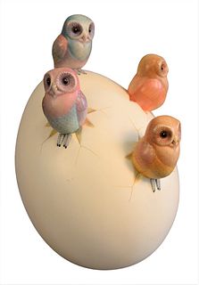 Sergio Bustamante (Mexican, b. 1949), egg with four owls, polychromed ceramic, signed on the right "Sergio Bustamante", height 12 inches.