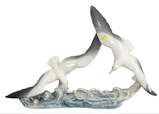 Rosenthal Porcelain Double Seagull Sculpture, signed Fritz Heidenreich to the base and marked to the underside, (as is with small chip to wing) height