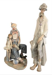 Two Large Lladro Figures, to include a clown with an accordion sitting with a ballerina, along with a clown having an accordian, number 1057, retired 