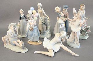 Eight Piece Group of Lladro Porcelain Figures, to include a ballerina, a woman at a water well, a girl with balloons, two girls with a sheep, along wi