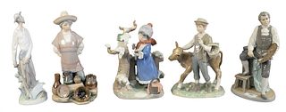 Five Piece Lot of Porcelain Lladro Figures, to include a swordsman, a boy with a calf, an artist, a boy in a sombrero and pots, along with a girl havi