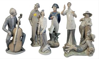 Seven Piece Group of Porcelain Lladro Figures, to include a swordsman, a cello player, a French soldier, an artist, along with three other figures, ea