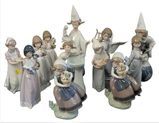 Group of Twelve Lladro Porcelain Figures of Children, to include two zodiac figures, an angel, five little girls with flowers, a girl with a rooster, 