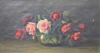 Charlotte Lilla Yale (American, 1853 - 1929), still life with pink and red roses, oil on canvas, signed lower right "Lilla Yale", 14" x 25".