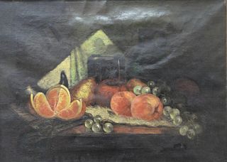 Continental School (19th century), still life with apples, grapes and an orange, oil on canvas, unsigned, 16" x 22".