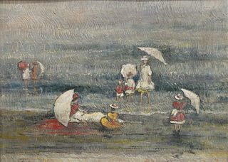 Continental School (late 19th century), beach goers with white parasols, oil on panel, unsigned, 14 1/4" x 16 1/4", having an old Southey Sussex label