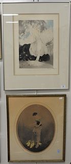 Two Louis Icart Etchings, to include Woman with Ducks, along with a woman walking away from spilled apples, each etching in colors on paper, (as is wi