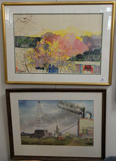 Three Piece Group, to include a pair of Japanese landscapes, watercolor on paper, both signed and dated illegibly; along with an industrial landscape,
