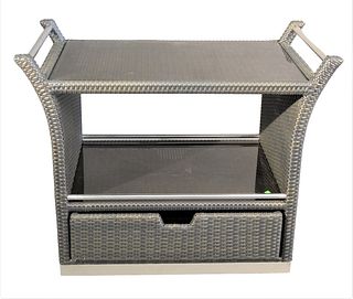 Contemporary Outdoor Serving Cart, woven with chrome and glass tops and bottom drawer, height 36 inches, length 44 inches.