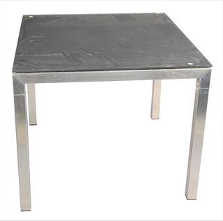 Square Indoor/Outdoor Stainless Steel Table, having frosted glass top, possibly JANUS et Cie talenti, height 30 inches, top 35 1/2" x 35 12".
