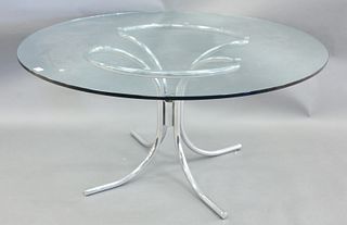 Round Glass Top Table, having chrome base, height 27 1/2 inches, diameter 38 inches.