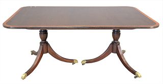 Custom Mahogany Dining Table, having banded inlaid top, along with two leaves, height 28 3/4 inches, width 44 1/2 inches, length 67 3/4 inches, (one s