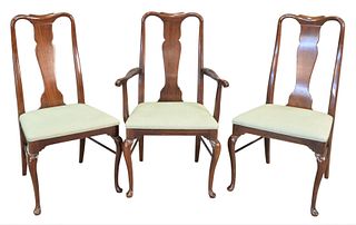 Set of Eight Queen Anne Style Dining Chairs, having green upholstered seats, seat height 18 inches.