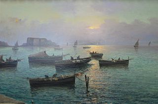 Vincenzo D'Auria (Italian, 1872 - 1939), Fishing Vessels off Naples at Sunset, oil on canvas, signed lower left "V. D'Auria", 24" x 36". Provenance: N