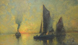 Arthur Vidal Diehl (American/British, 1870 - 1929), Sailboats at Dawn, oil on board, signed and dated lower right "Arthur V. Diehl 1927 - 8", 18" x 30