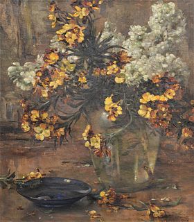 Emo Mazzetti (Italian, 1870 - 1955), still life with white and orange flowers, 1928, oil on canvas, signed and dated lower right "E. Mazzetti, 1928", 
