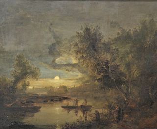 Continental School (19th century), Moonlight Sail, oil on canvas, signed indistinctly lower right, 25" x 30".