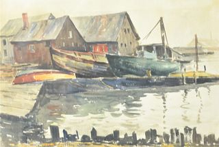 William Lester Stevens (American, 1888 - 1969), Boatyard, watercolor on paper, signed lower left "W. Lester Stevens N.A.", sight size 14" x 20".