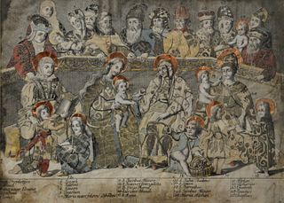 Framed Embroidered Etching of a Religious Scene, with identification of who each figure represents, having silver thread and copper halo detailing, si