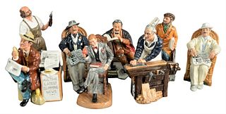 Group of Eight Royal Doulton Figures, to include "The Carpenter", "The News Vendor", "The Professor", two are "Taking Things Easy", "Stop Press", "Bla