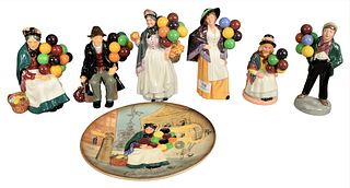 Group of Seven Royal Doulton Porcelain Balloon Figures, to include "Biddy Pennyfarthing", "Balloon Girl", "The Balloon Man", "Balloon Boy", "Balloon L