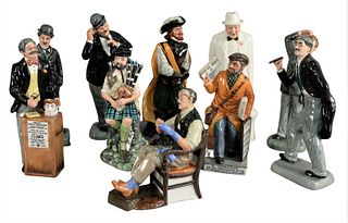 Group of Ten Royal Doulton Porcelain Figures, to include "Winston Churchill", "The Piper", "Cavalier", "Groucho Marx", "The Newsvendor", "Stan Laurel"