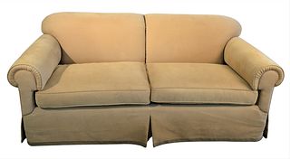 Edward Ferrell Custom Upholstered Sofa, tan upholstery with two cushions and two throw pillows, length 76 1/2 inches, depth 36 inches.