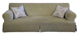 Large Custom Upholstered Sofa, light green with three throw pillows, length 97 inches.