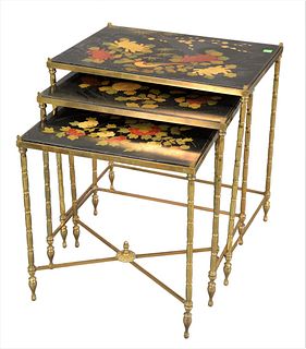 Nest of Three Brass Tables, having lacquered tops, height 20 3/4 inches, top 14" x 19 3/4".
