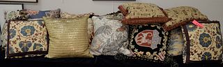Group of Eighteen Custom Throw Pillows, pair of crewel work, set of three with fringes, most down filled.