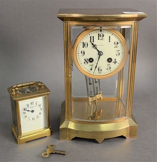 Two Brass and Glass Tiffany Regulator Clocks, along with Smith & Patterson, Company, Boston carriage clock, height 10 1/2 inches, width 6 1/2 inches, 