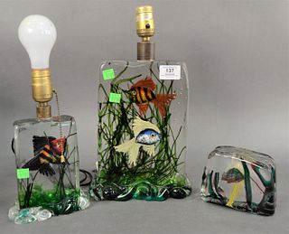 Three Piece Lot of Murano Glass Suspended Fish Items, to include two table lamps, along with one paperweight, one having a "Murano" label adhered to t
