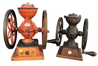 Two Cast Iron Coffee Grinders, to include one marked "Enterprise Coffee Grinder, Philadelphia" in red paint, along with one marked "Crown Coffee Mill"