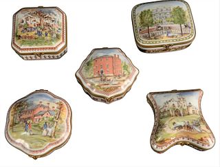 Set of Five Porcelain de Paris Trinket Boxes, each commemorating American sites of figures to include Mount Vernon, Lyndhurst, Decatur House, Cliveden